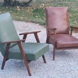 Pair of vintage Scandinavian style armchairs with moleskine compass legs from the 1950s