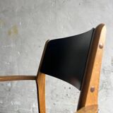 Set of 2 vintage beech wood armchairs with black skai upholstery — mid-century modern