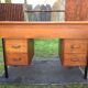 Vintage oak console desk table with square metal tube base (knitting machine)