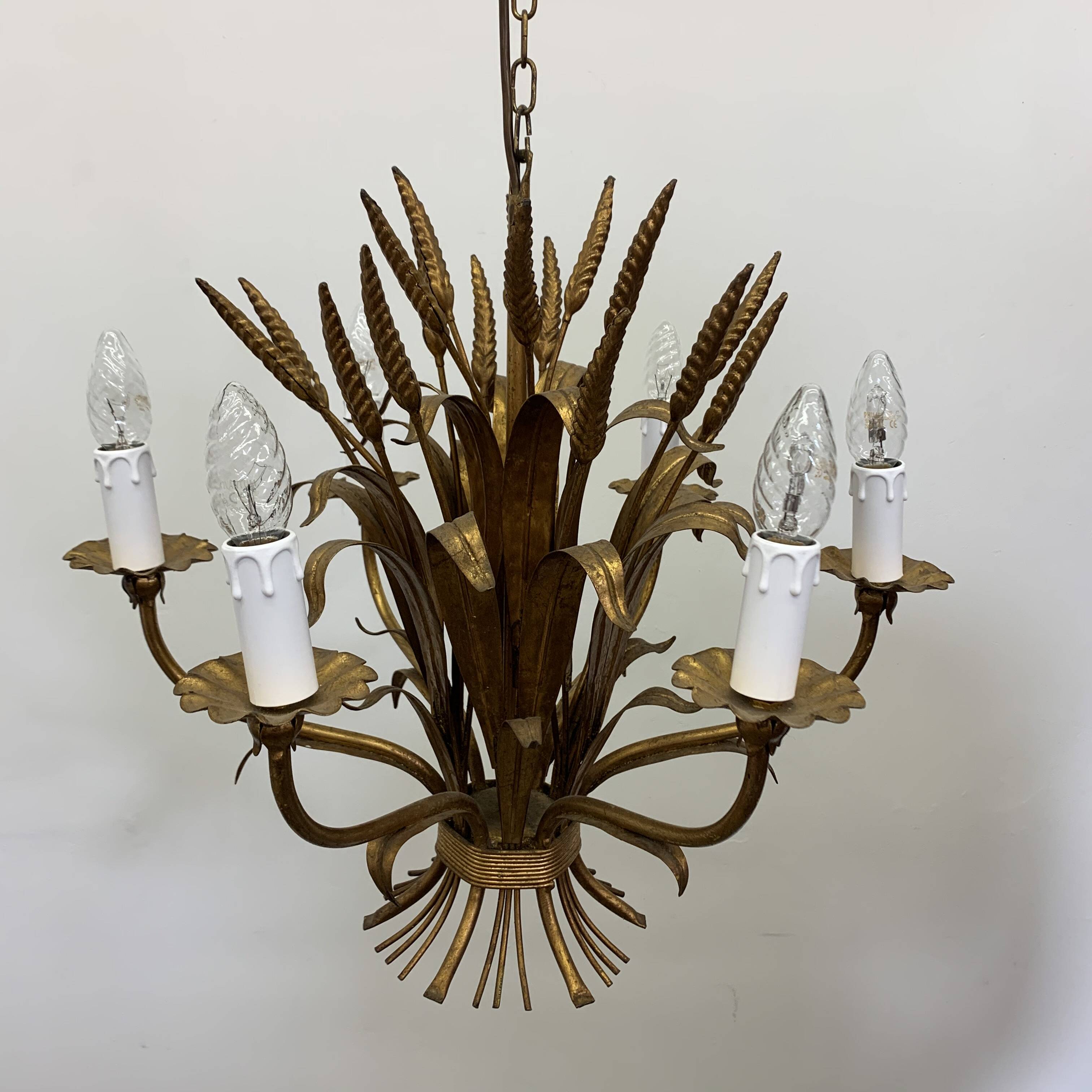 Large wheat sheaf leaf gold gilt chandelier, 1960’s