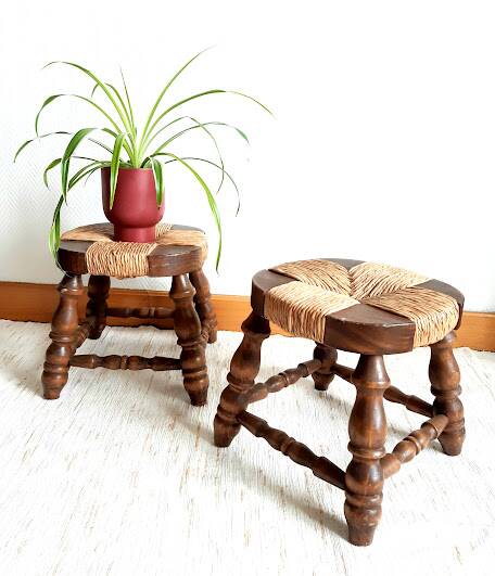 Pair of wood and straw fireplace stools, 1950s