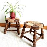 Pair of wood and straw fireplace stools, 1950s