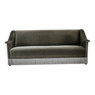 1970s, Danish 3-seater sofa, green furniture velour, beech wood.
