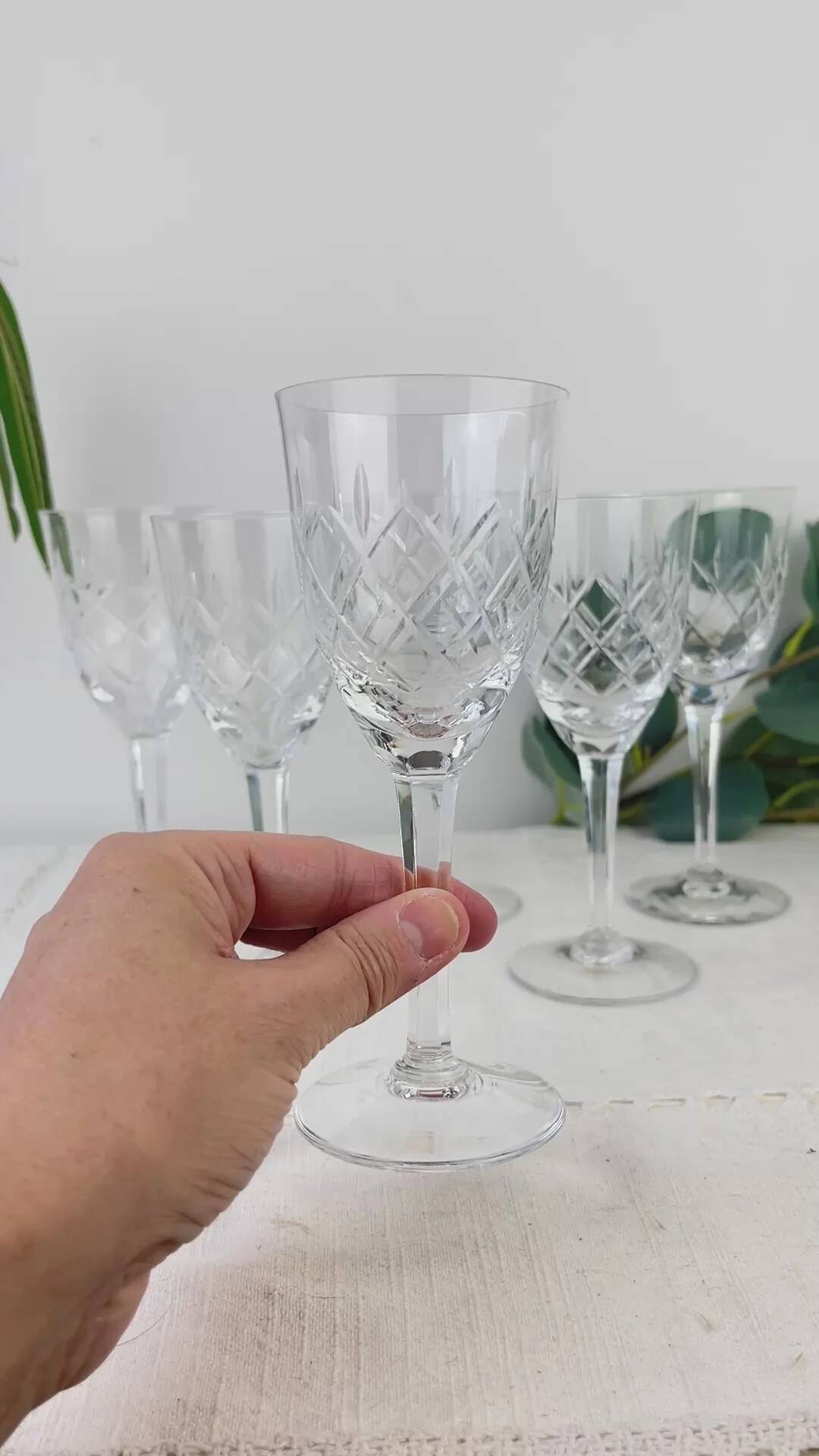 4 vintage cut crystal water glasses – Lorraine Lemberg Glassworks with original label (1950s–1970s)