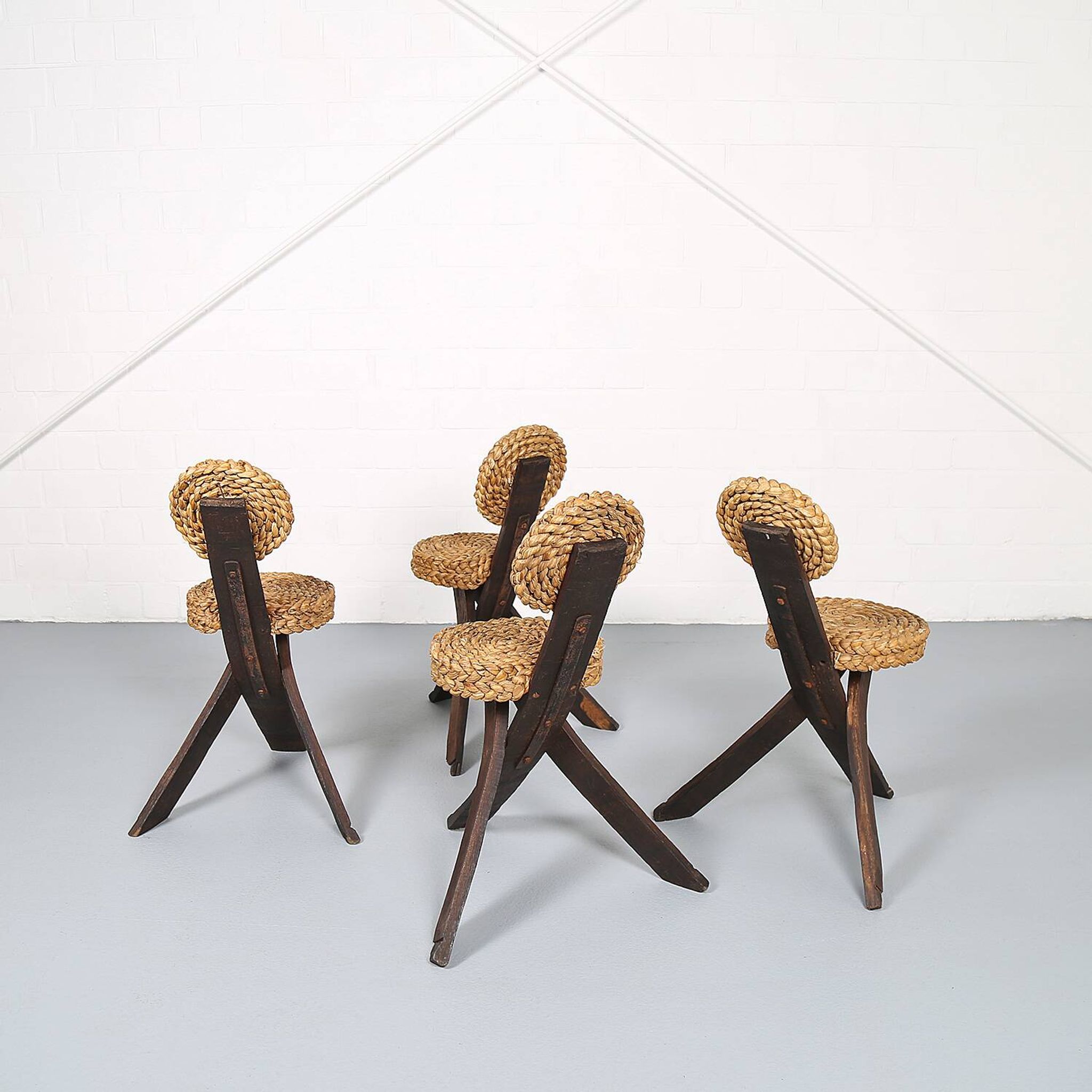 Original set of 4 tripod chairs by Frida Minet and Adrien Audoux, 1950s, France