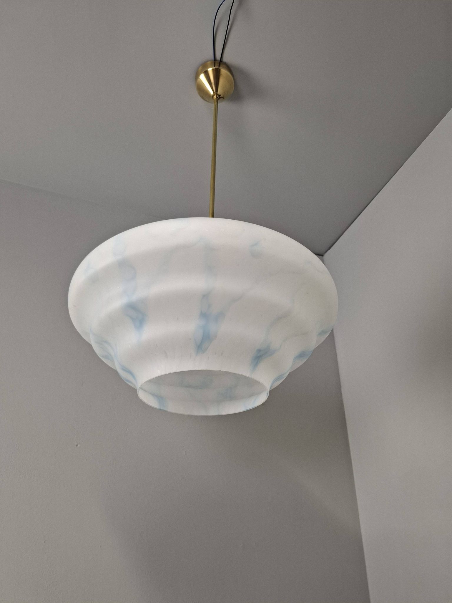 Napako Midcentury Modern Pendant Lamp in Opaline Glass and Brass, Czechoslovakia