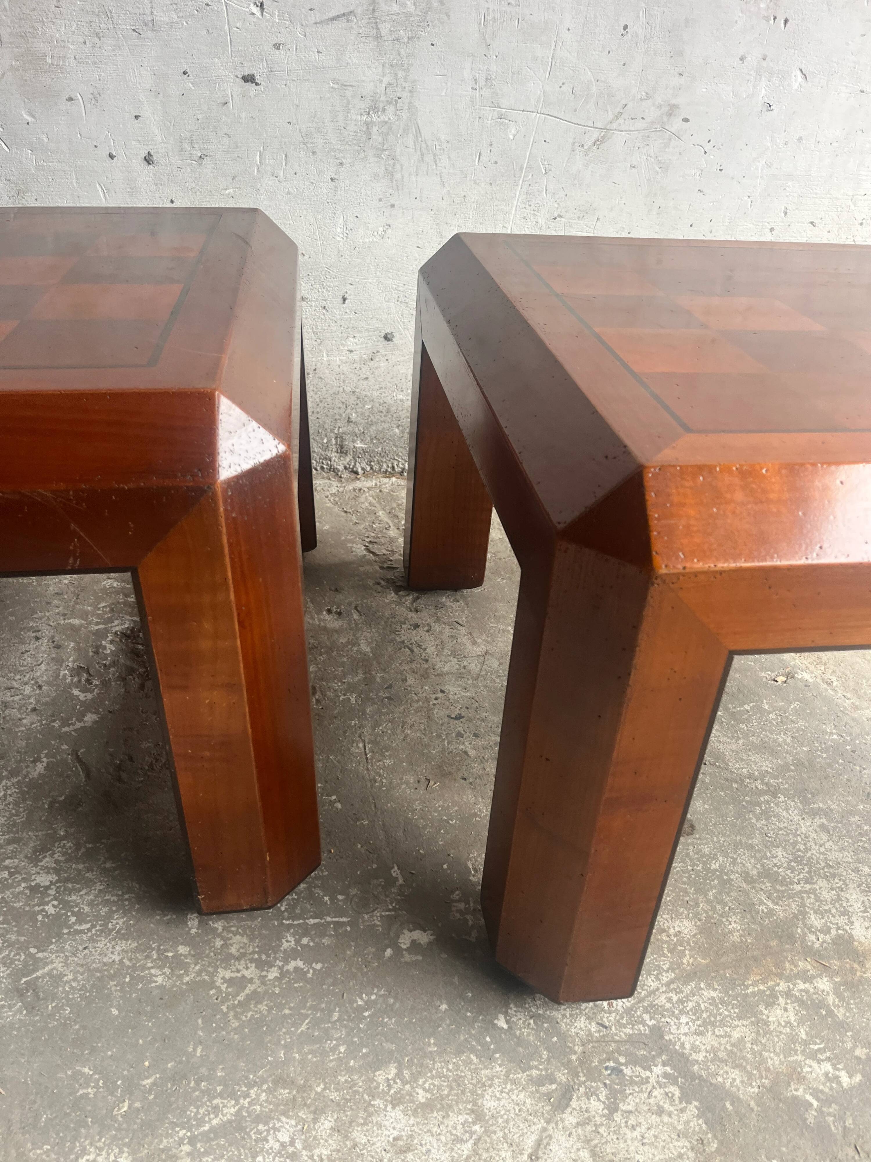 Pair of 1970s Checkered Parquet Side Tables — Warm Walnut Brown Wood, Geometric
