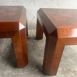 Pair of 1970s Checkered Parquet Side Tables — Warm Walnut Brown Wood, Geometric
