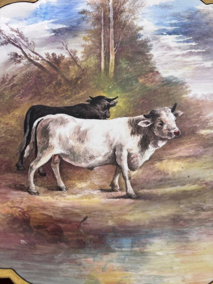 Large decorative plate made of hand-painted porcelain – Countryside scene with cattle