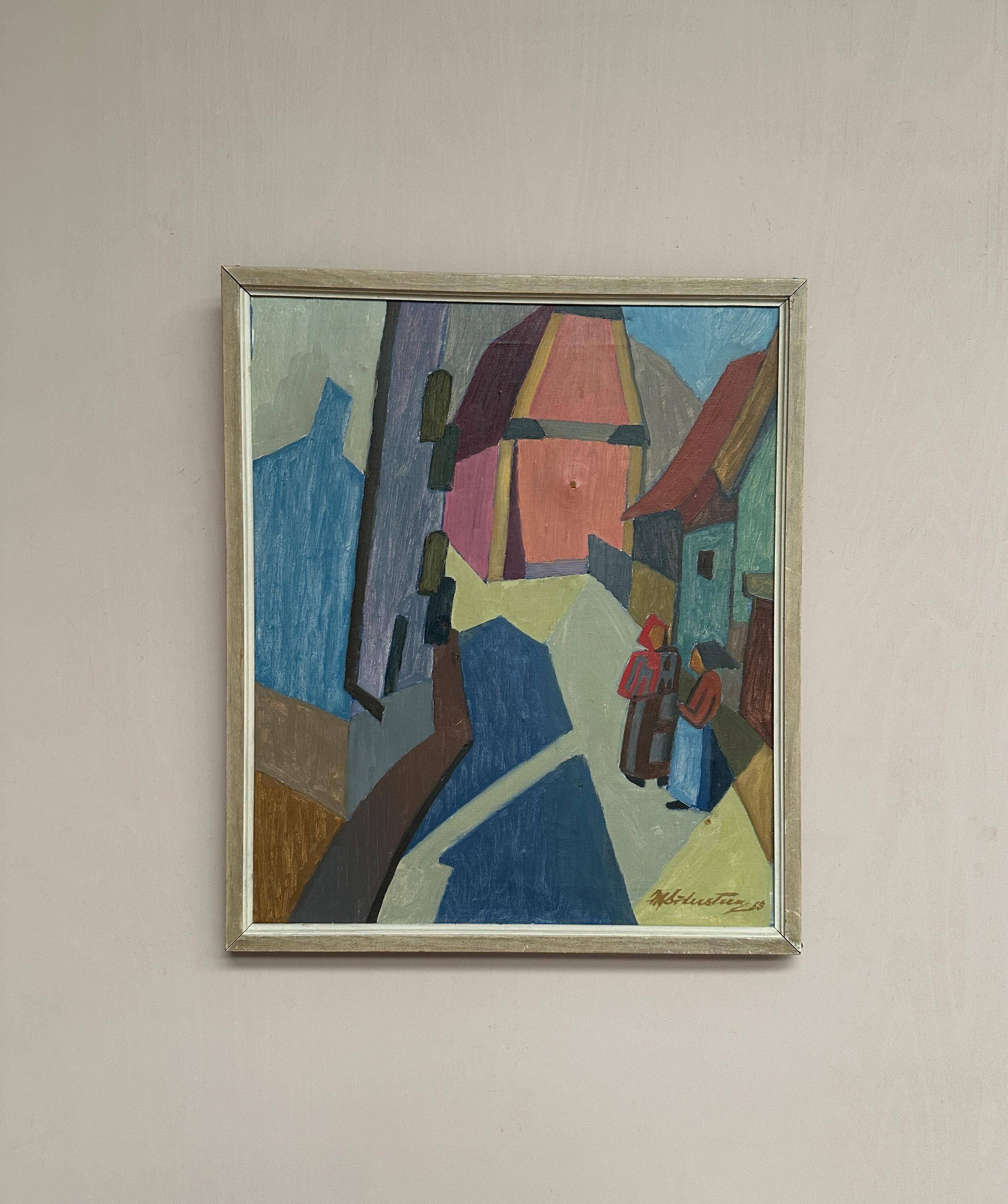 Original Swedish Oil on Canvas – “Cityscape” – Dated 1953 Vintage & Framed