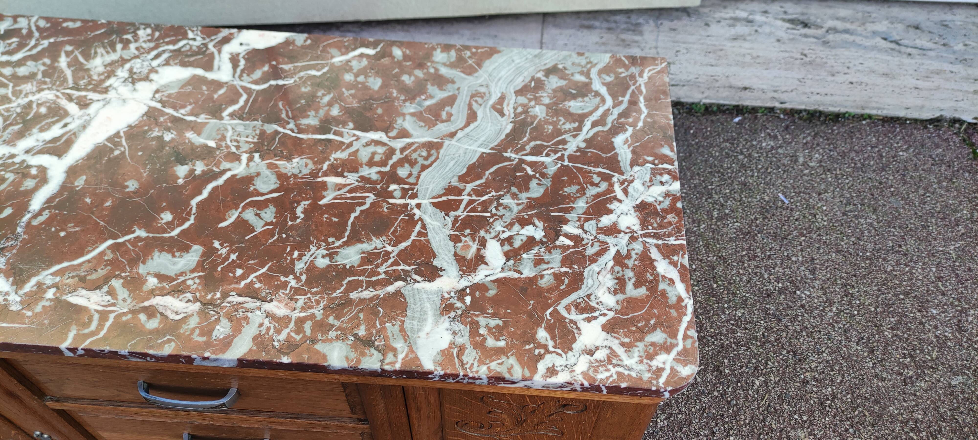 Small Buffet Commode Solid wood 4 drawer - Red marble - 1950