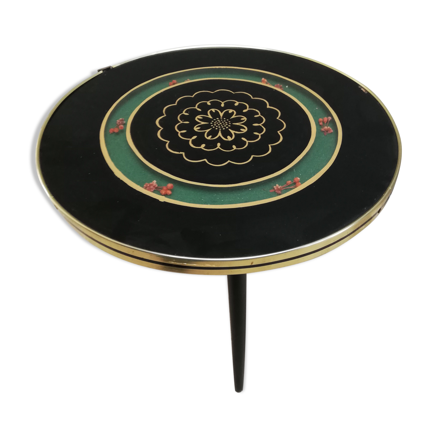 Table d'appoint tripode pieds compas avec plateau et vitrine en verre, vintage