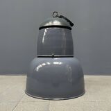 Grande lampe à suspension industrielle ancienne en émail bleu-gris