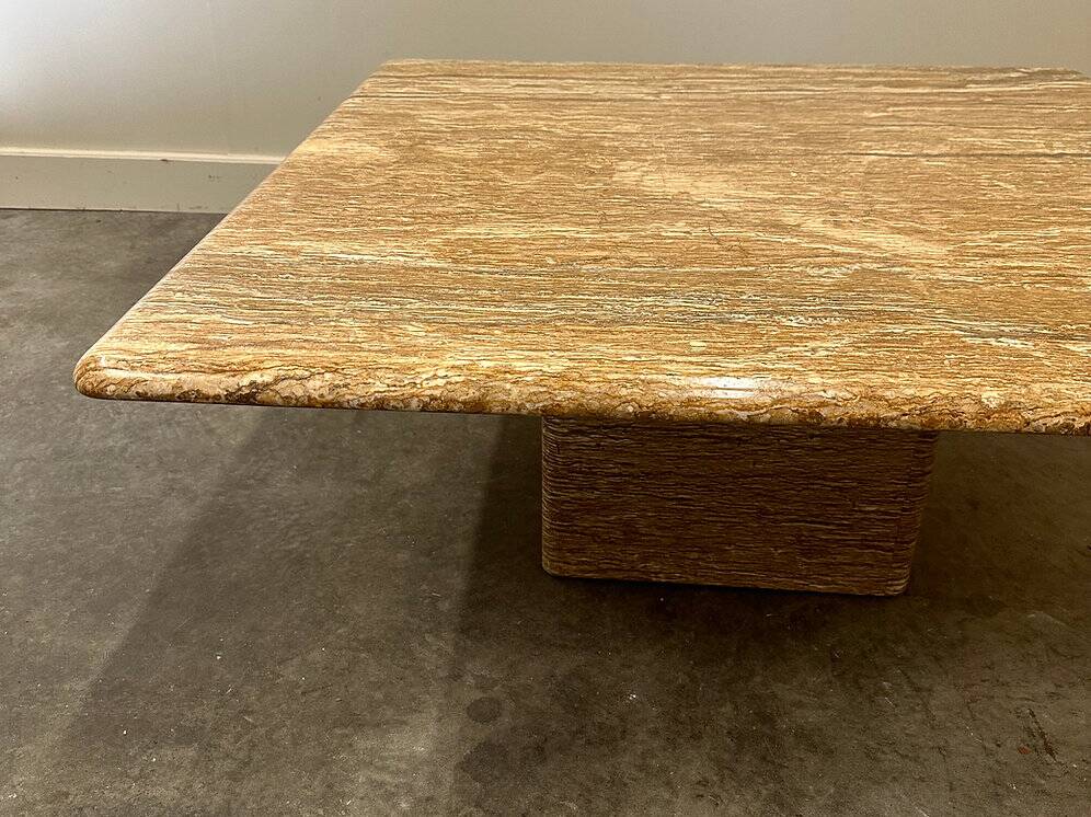 XL vintage square caramel travertine coffee table, 1980s