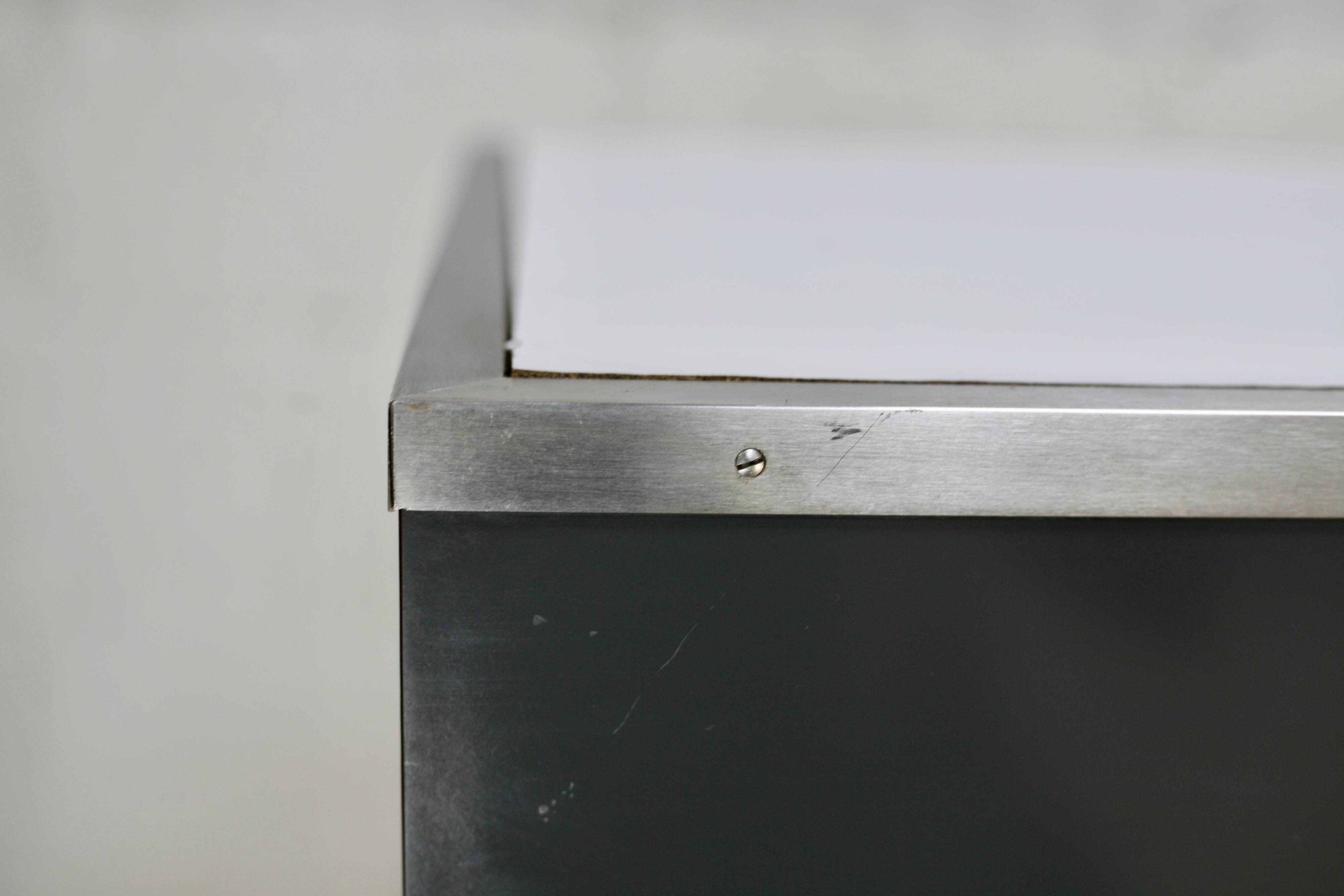 Modernist console, 60s, glass base, wooden and melamine top, white