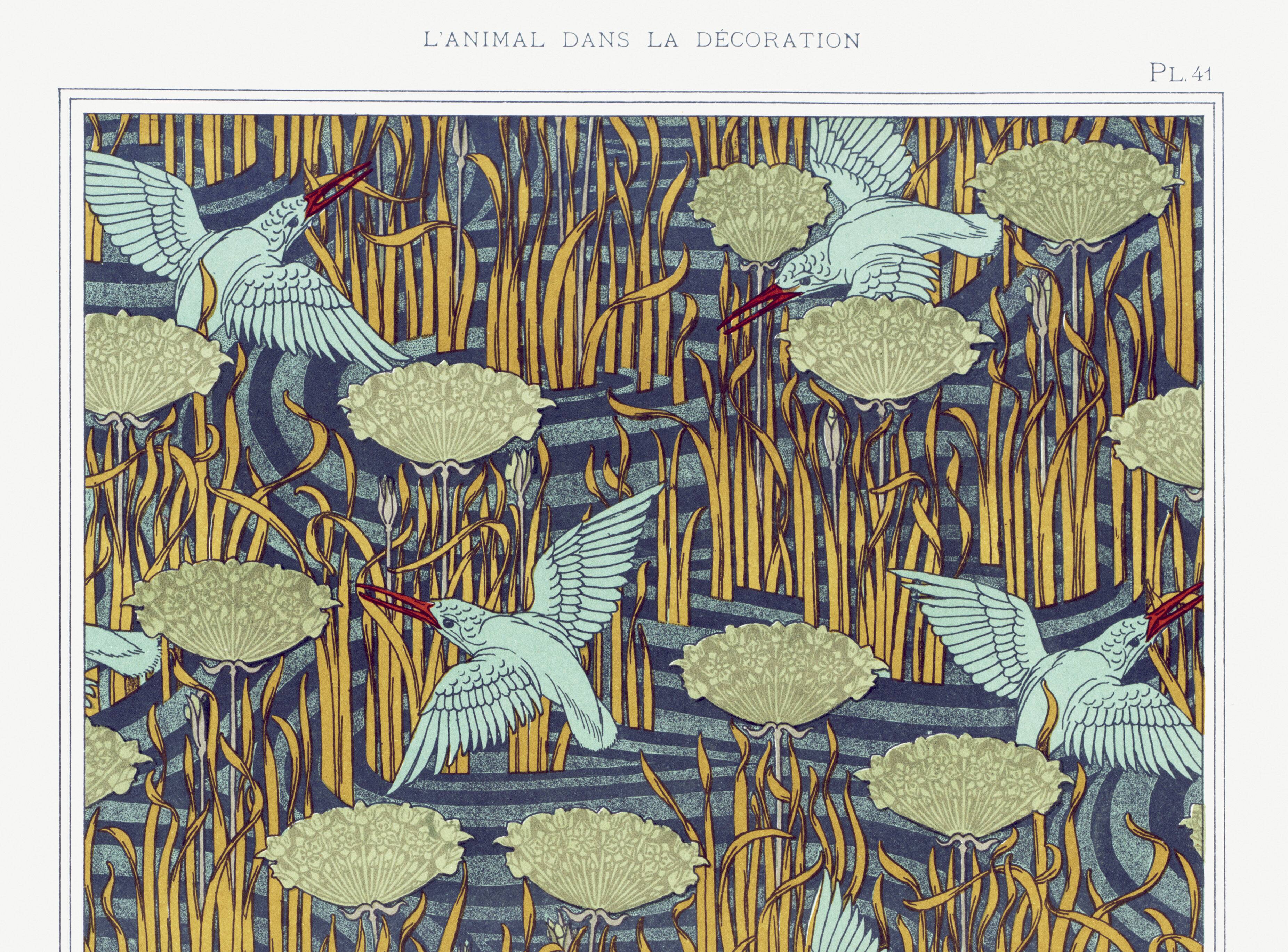 Poster "Kingfishers and Horses", after an Art Nouveau lithograph.