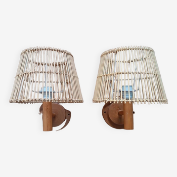 Pair of rattan wall lights and wood