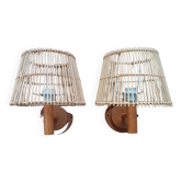 Pair of rattan wall lights and wood