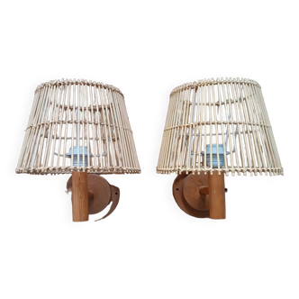 Pair of rattan wall lights and wood