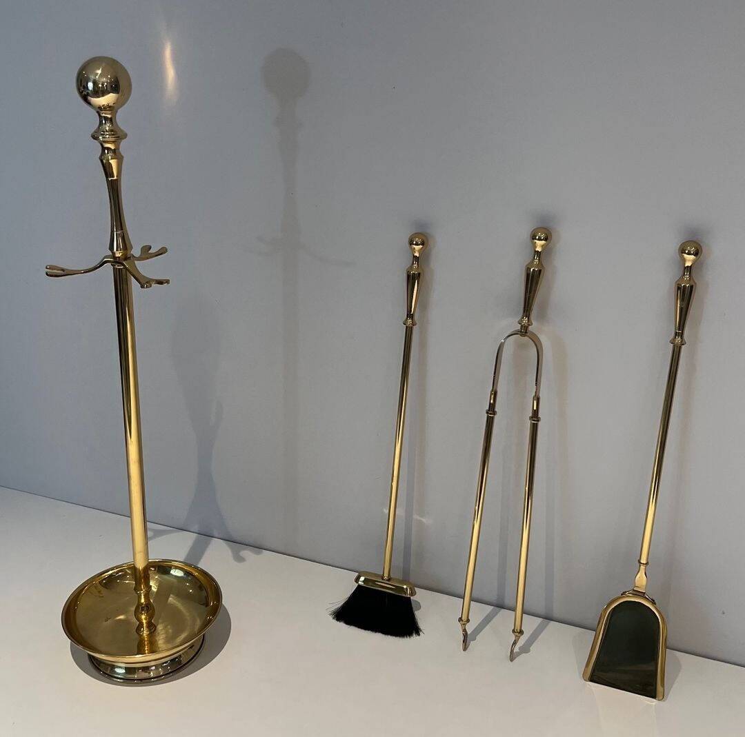 Neoclassical Fire Necessary in Polished Brass on Columnar Base Support