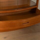 Exclusive display cabinet from the 1980s, solid teak, glass doors, drawers, lighting