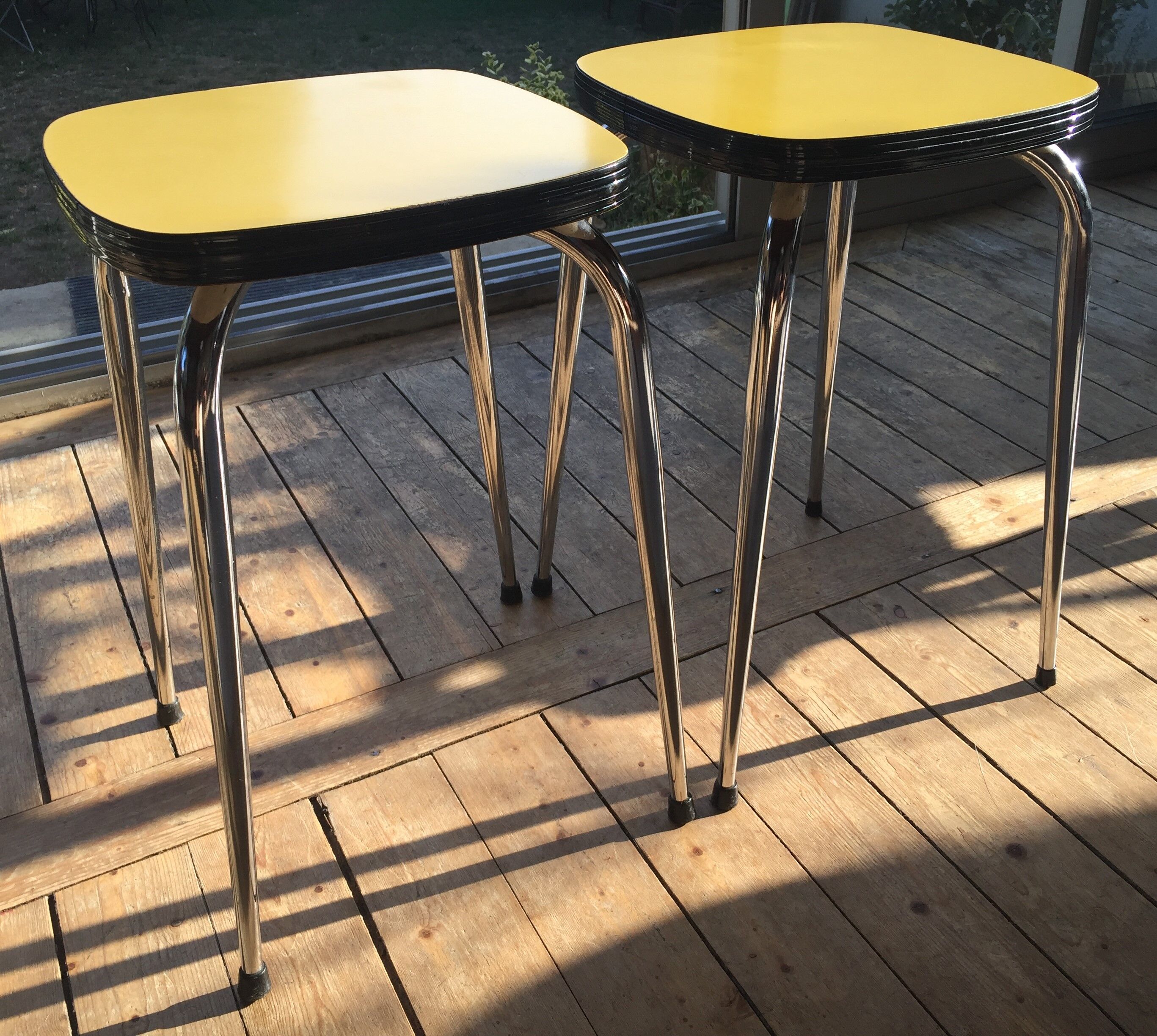 Duo of vintage formica mustard yellow stools
