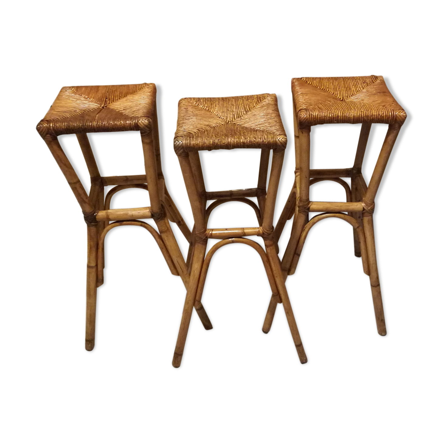 3 rattan bar stools seated mulched 1960s
