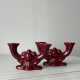 Pair of 1950s burgundy earthenware candlesticks