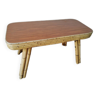 Table design en bambou et placage teck , Années 70