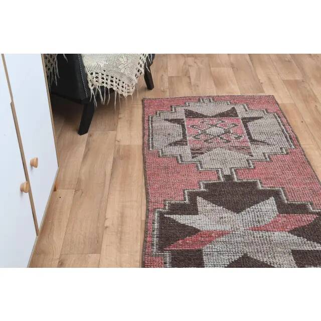 1970s Vintage Turkish Oushak Handmade Wool Cotton Pink Runner Rug 89x279