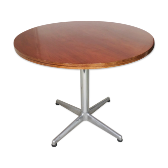 Vintage round table central stainless steel footing and wood tray 1960