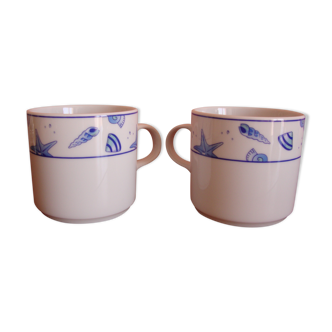 2 tasses à café ou à thé vintage en porcelaine déco bord de mer