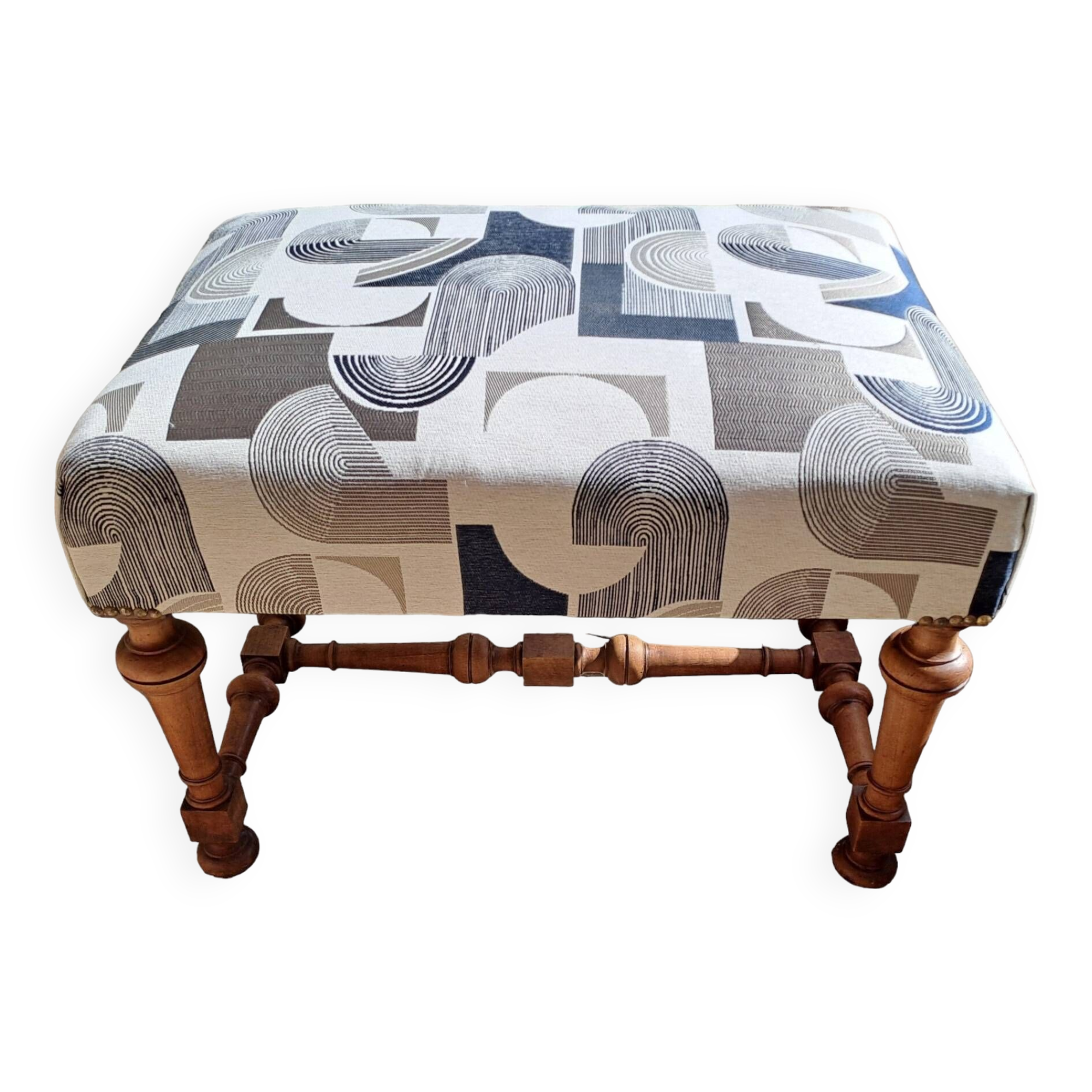 Set of 2 rectangular poufs, art deco footboard, reupholstered, vintage, 1930s/1950s