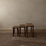 Vintage Oak Nesting Tables (Set of 3) – Rustic Modernist Side Tables, 1970s