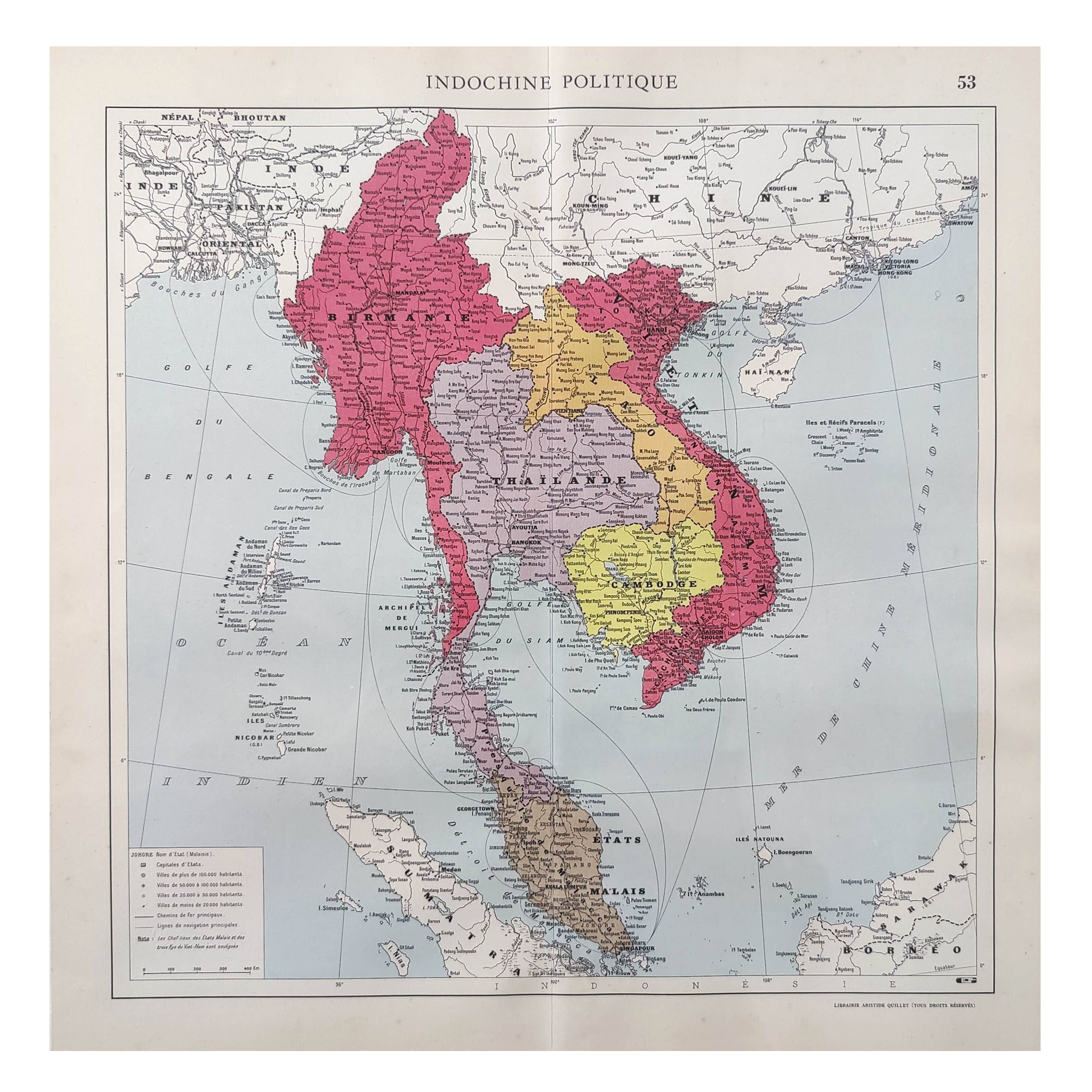 Old Indochina Asia map 43x43cm from 1950