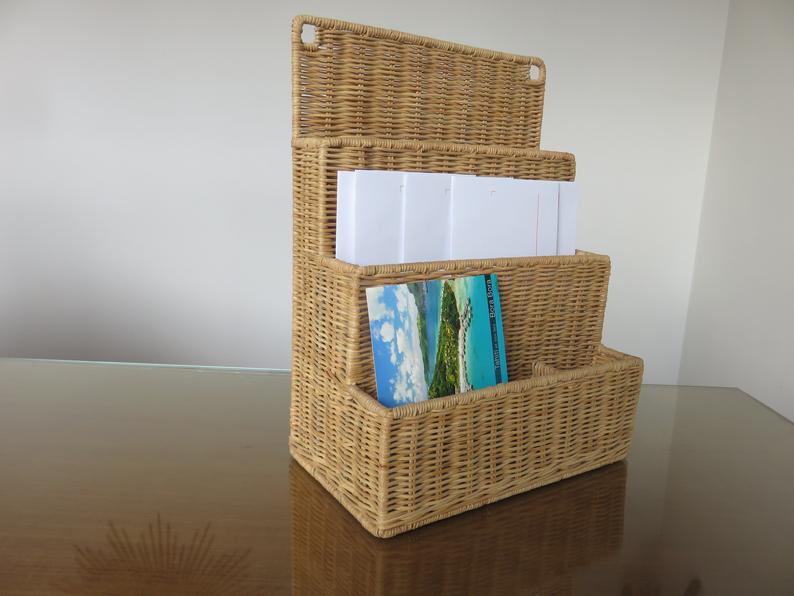 Wall-mounted rattan mail holder 70s