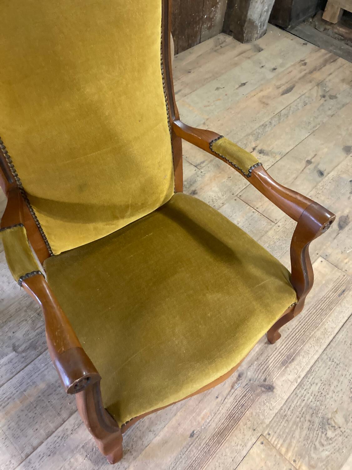 Voltaire armchair yellow velvet 19th century mahogany