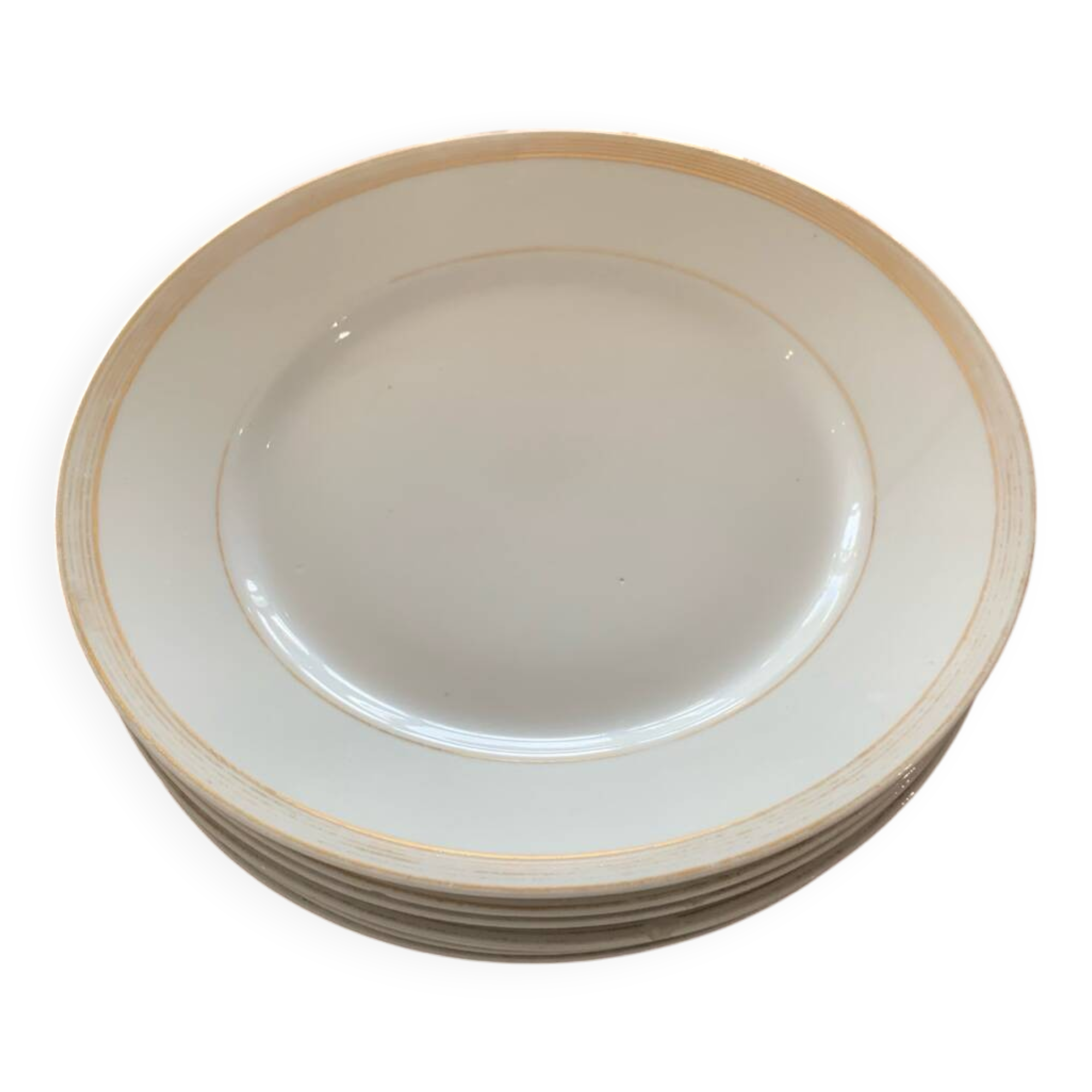 Lot of six flat plates, crockery, old white, gilded