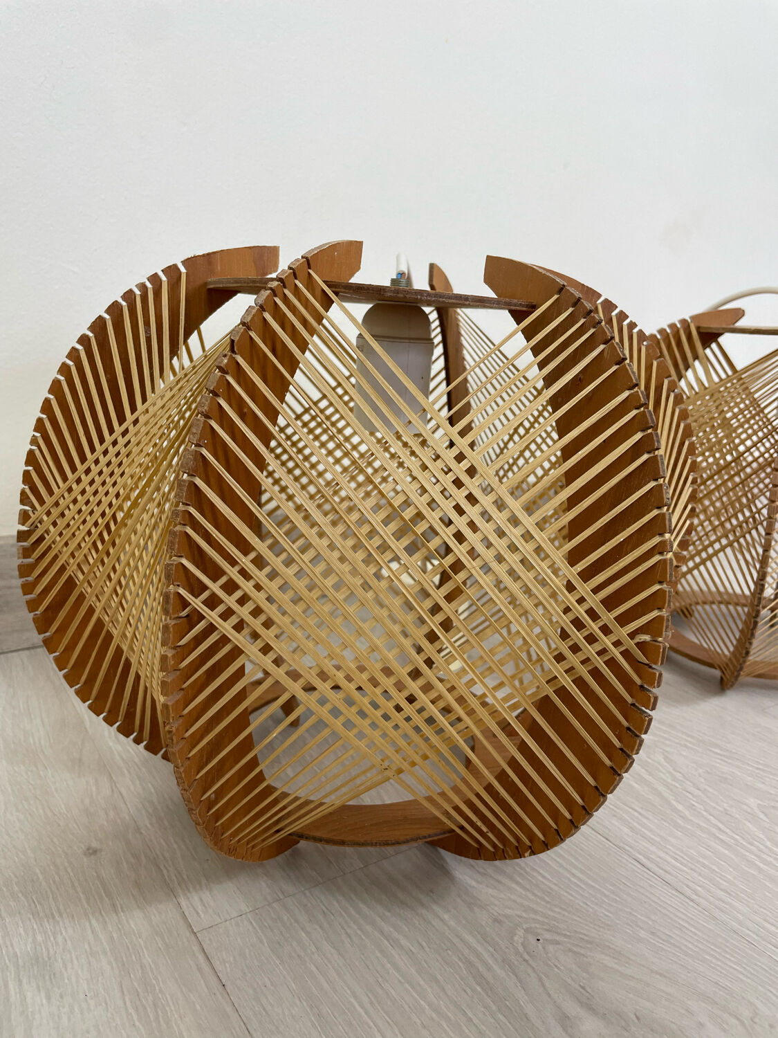 Pair of Scandinavian pendant lamps in wood and wires
