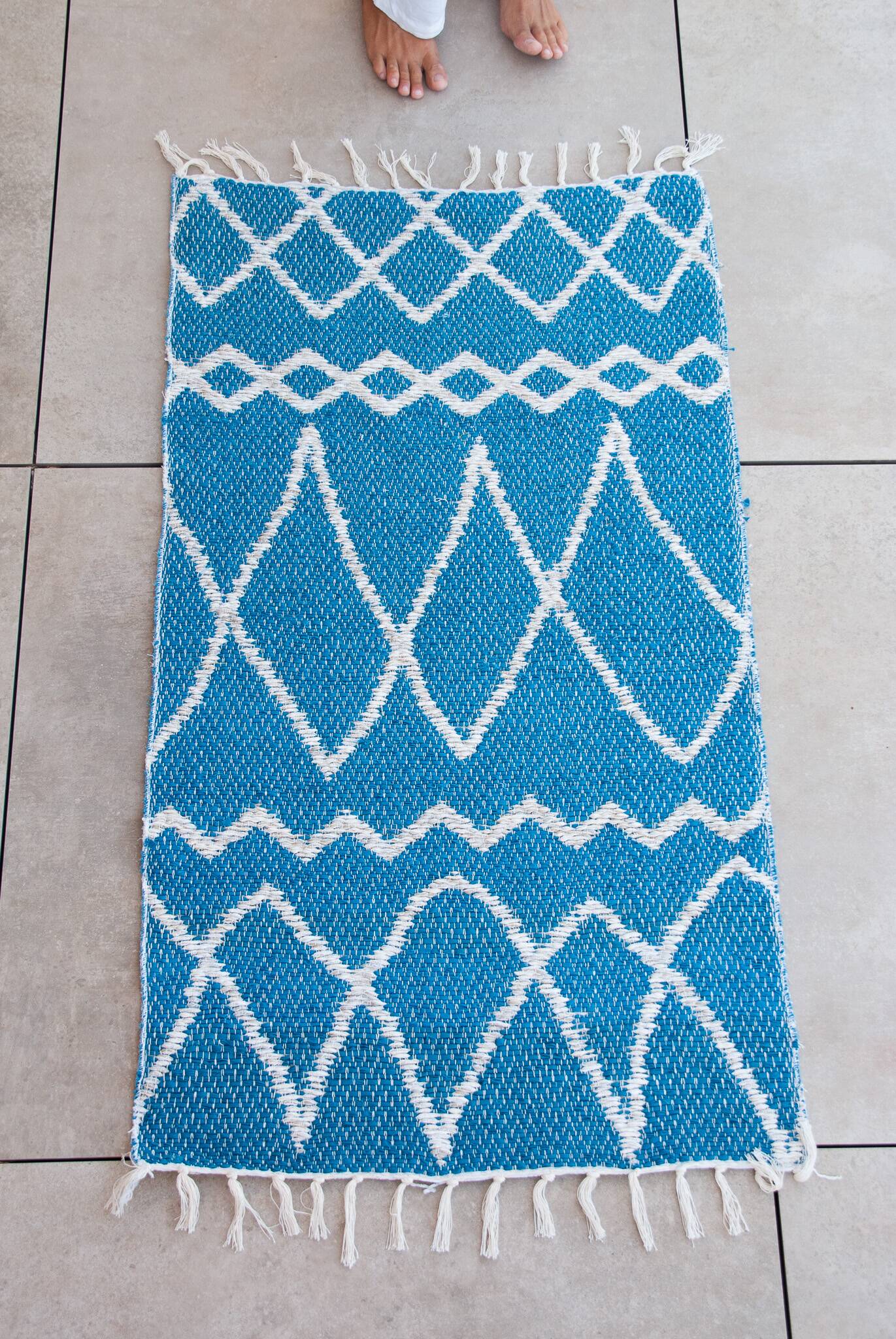 Recycled cotton handcrafted rug - Reversible - Blue
