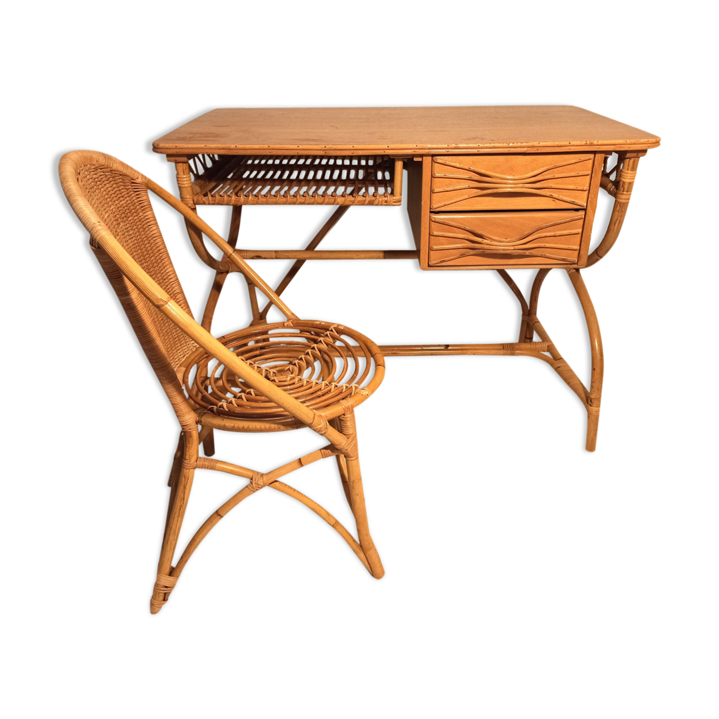 Louis Sognot vintage rattan desk and chair