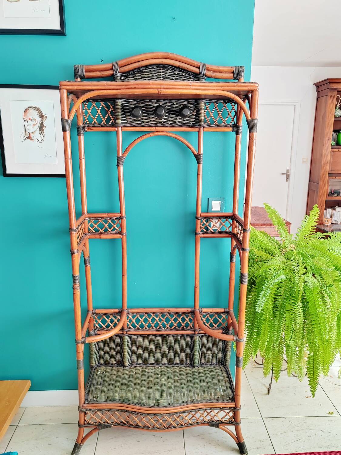 Antique rattan and bamboo coat rack