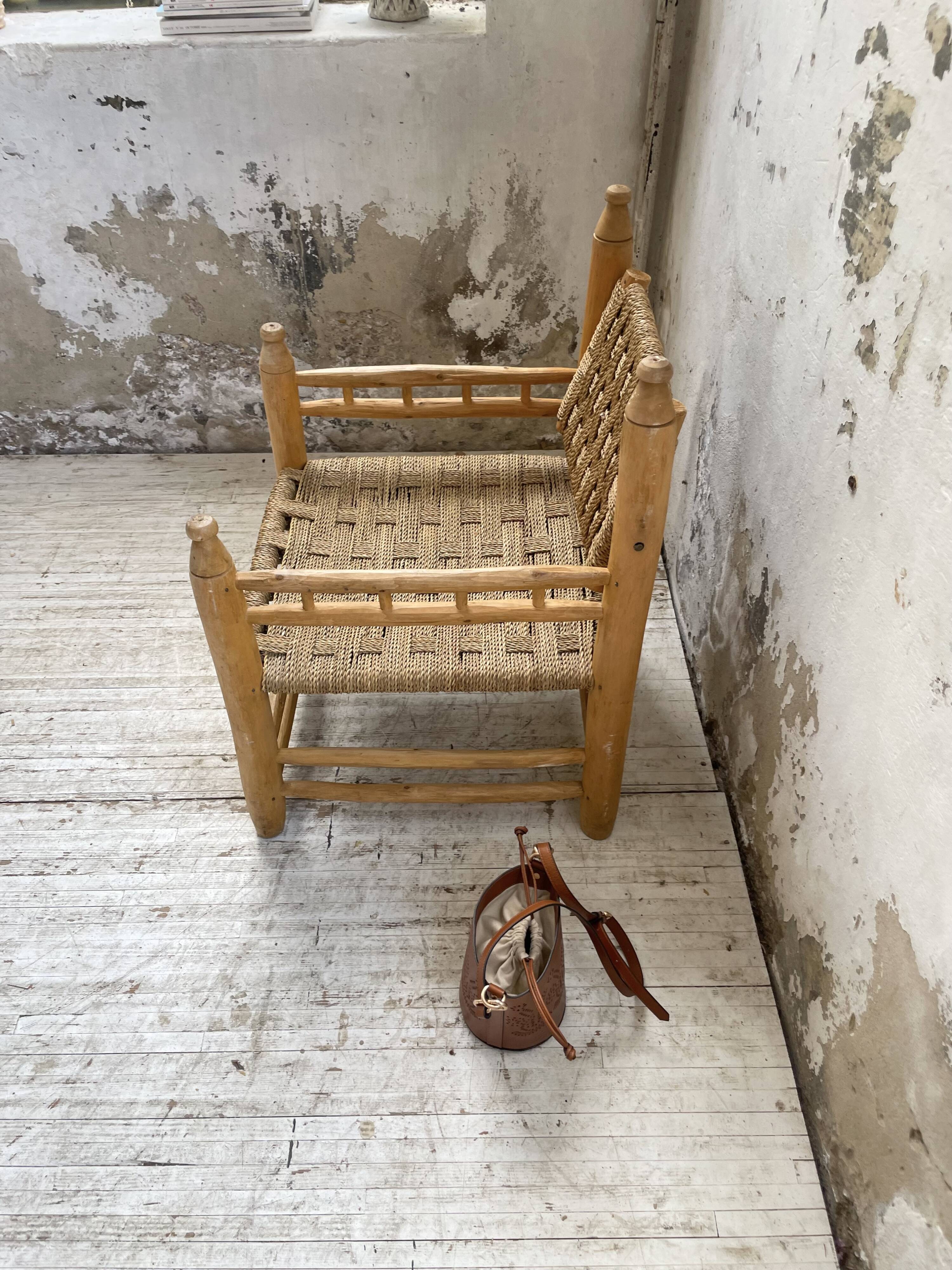 Moroccan wooden and rope armchair