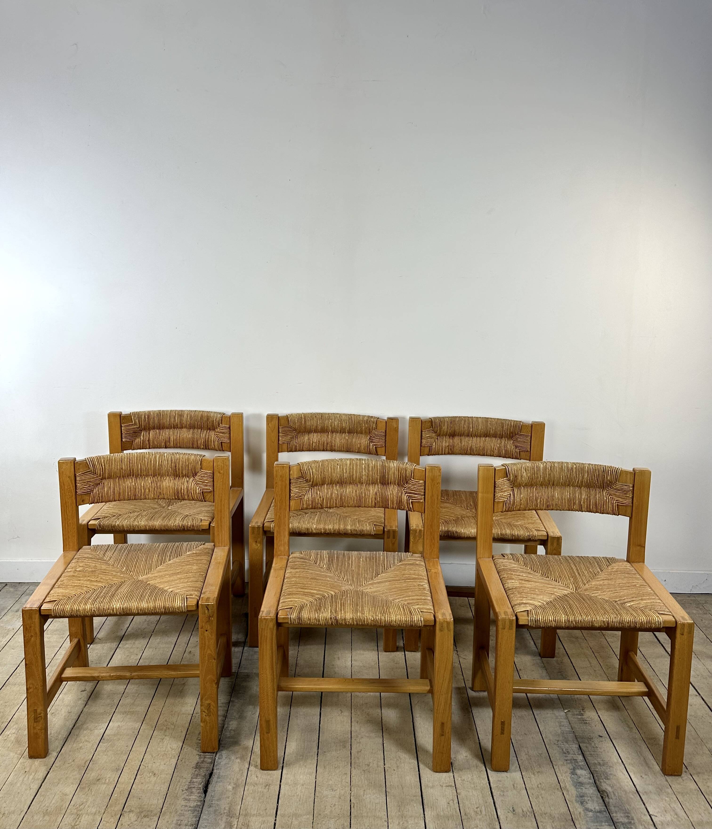 Set of 6 solid elm chairs by maison regain 1970.