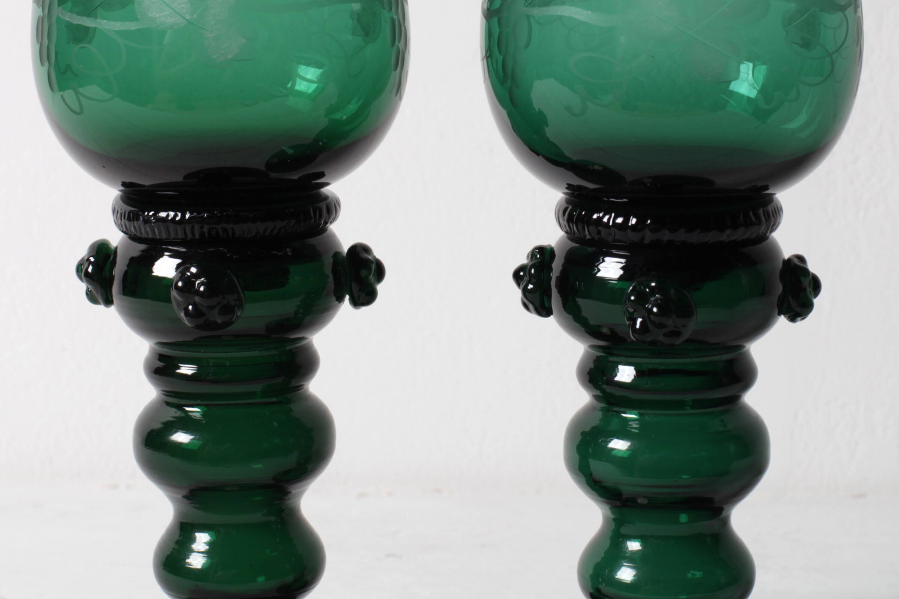 Vintage Emerald Green Wine Stem Crystal Glasses Remmare / Germany / 1960s