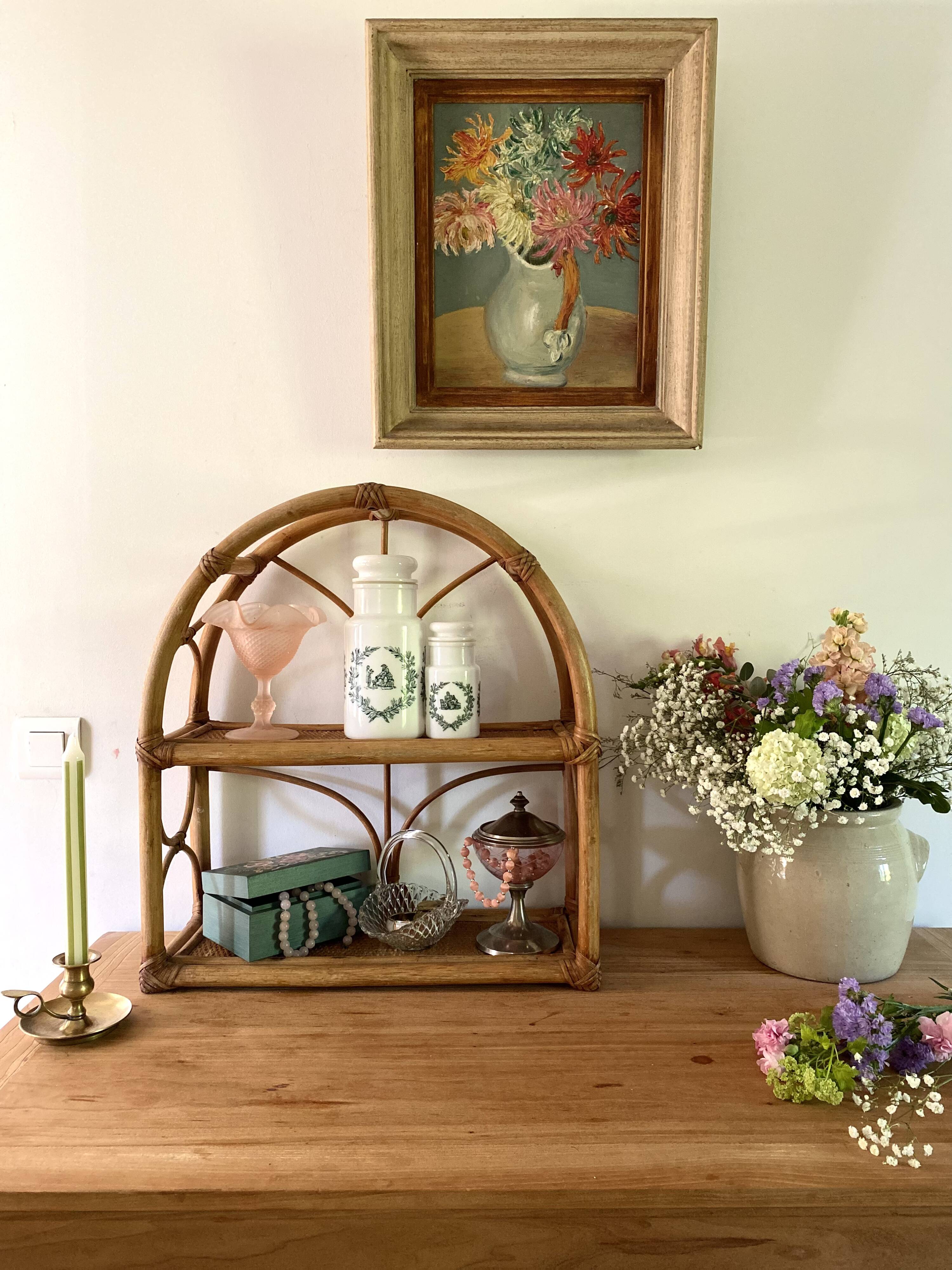 Étagère "Arche" en Rotin & Cannage – Vintage 1970