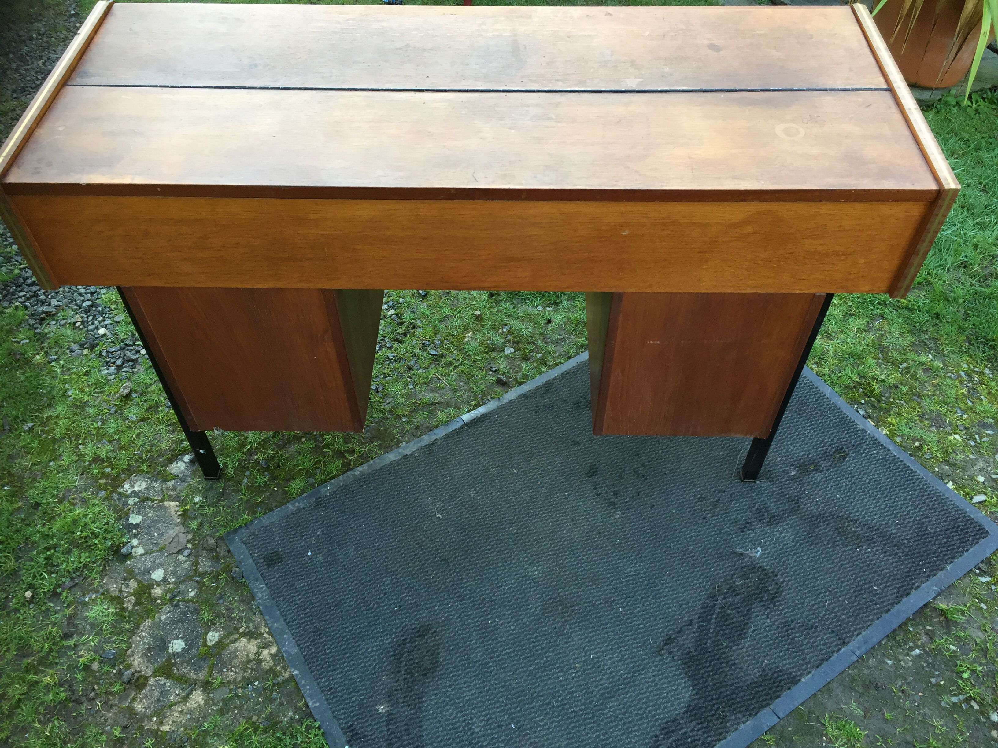 Vintage oak console desk table with square metal tube base (knitting machine)