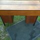 Vintage oak console desk table with square metal tube base (knitting machine)