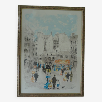 Numbered Paris Latin Quarter lithograph poster signed Urbain Huchet