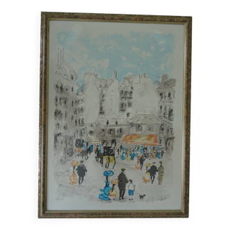 Numbered Paris Latin Quarter lithograph poster signed Urbain Huchet